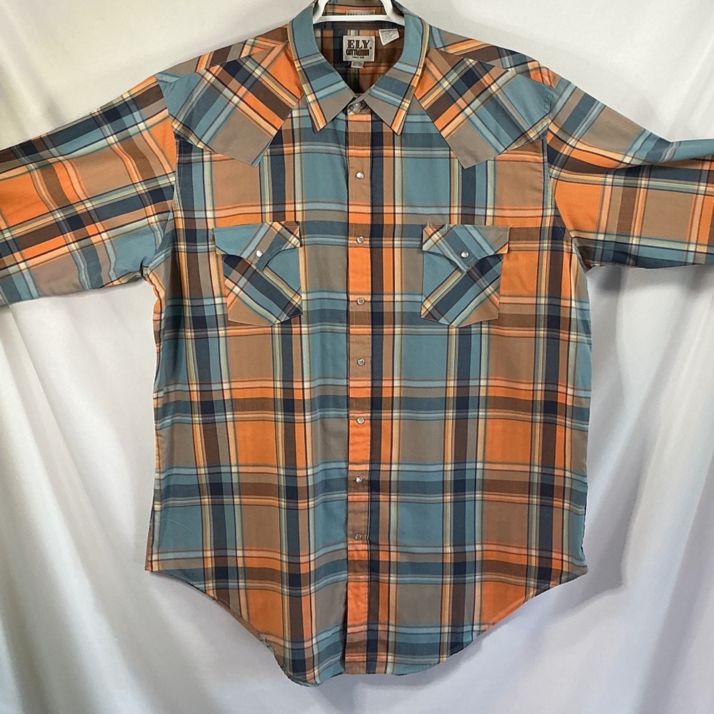 Ely Cattleman Teal Blue Orange Plaid Western Pearl Snap Shirt 2XL Big And Tall